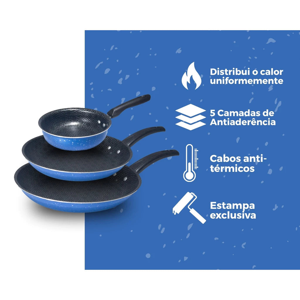 Kit de Frigideira 3 Peças Antiaderente Teflon Global